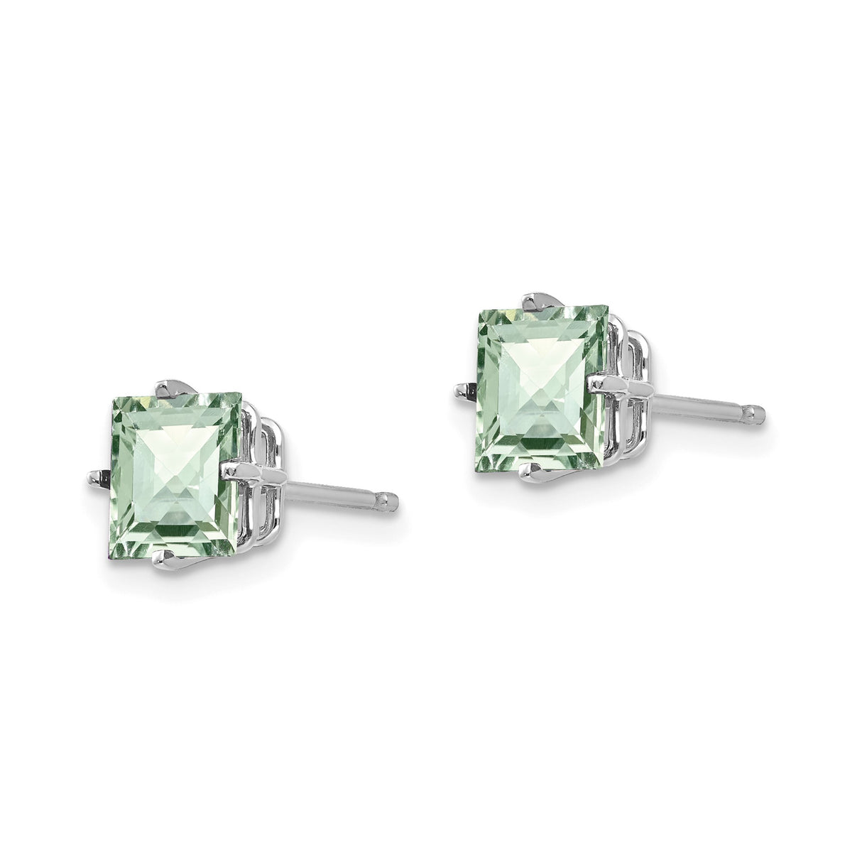 14k White Gold Square Stud Earrings with Green Quartz, Checker-Cut Four-Prong Design