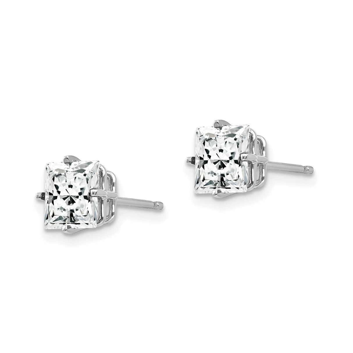 14k White Gold Stud Earrings with Square Princess Cut Cubic Zirconia, Four-Prong Setting