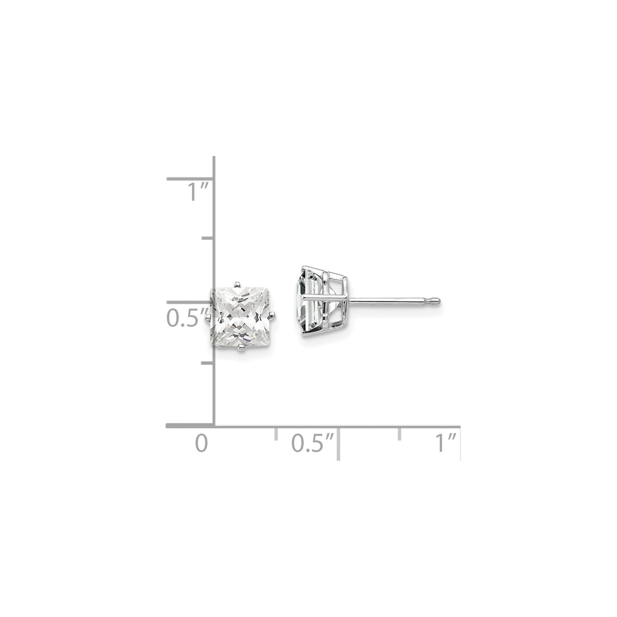 14k White Gold Stud Earrings with Square Princess Cut Cubic Zirconia, Four-Prong Setting