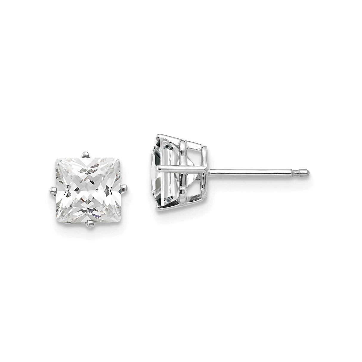14k White Gold Stud Earrings with Square Princess Cut Cubic Zirconia, Four-Prong Setting