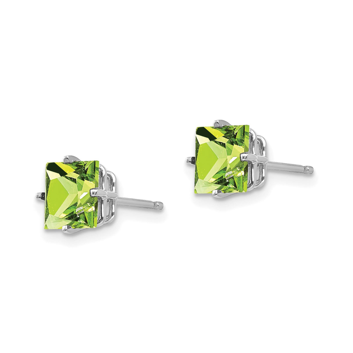 14k White Gold Stud Earrings with Square Cut Peridot in Four Prong Setting