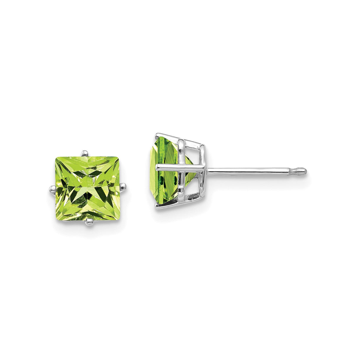 14k White Gold Stud Earrings with Square Cut Peridot in Four Prong Setting