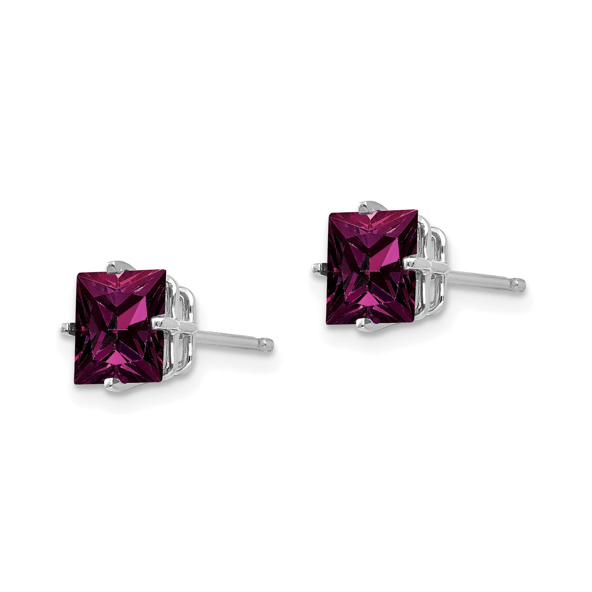14k White Gold Stud Earrings with Rhodolite Garnet, Square Cut Minimalist Design