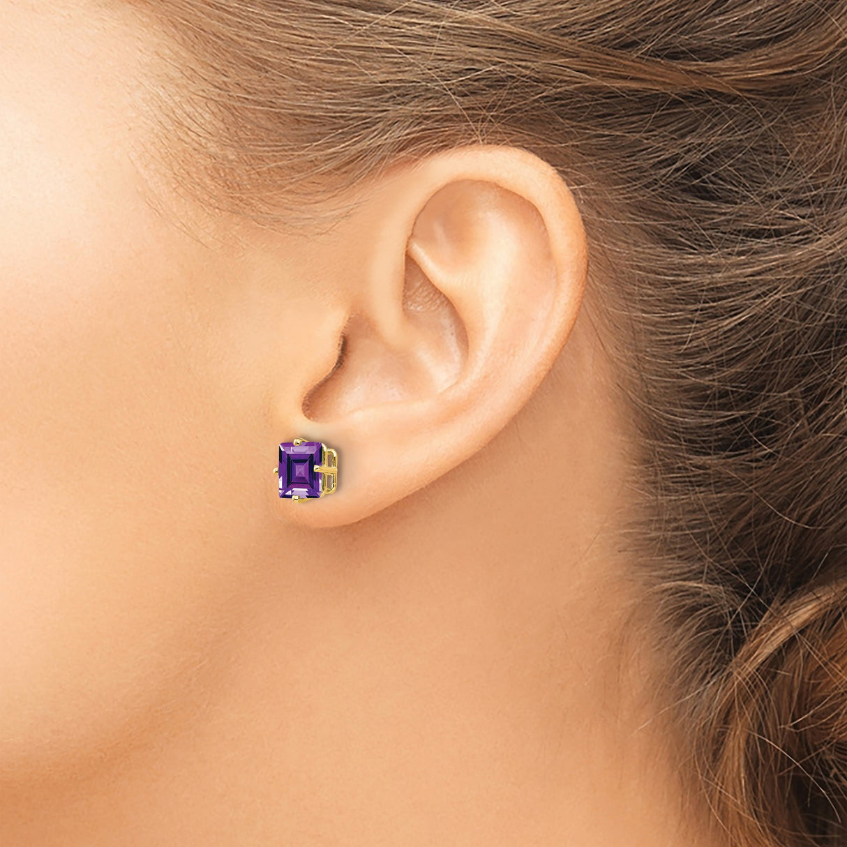 14k Yellow Gold Stud Earrings with Princess Cut Amethyst, Square Minimalist Design for Women