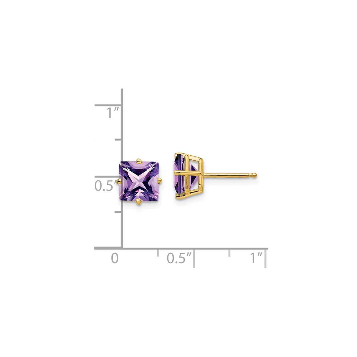 14k Yellow Gold Stud Earrings with Princess Cut Amethyst, Square Minimalist Design for Women