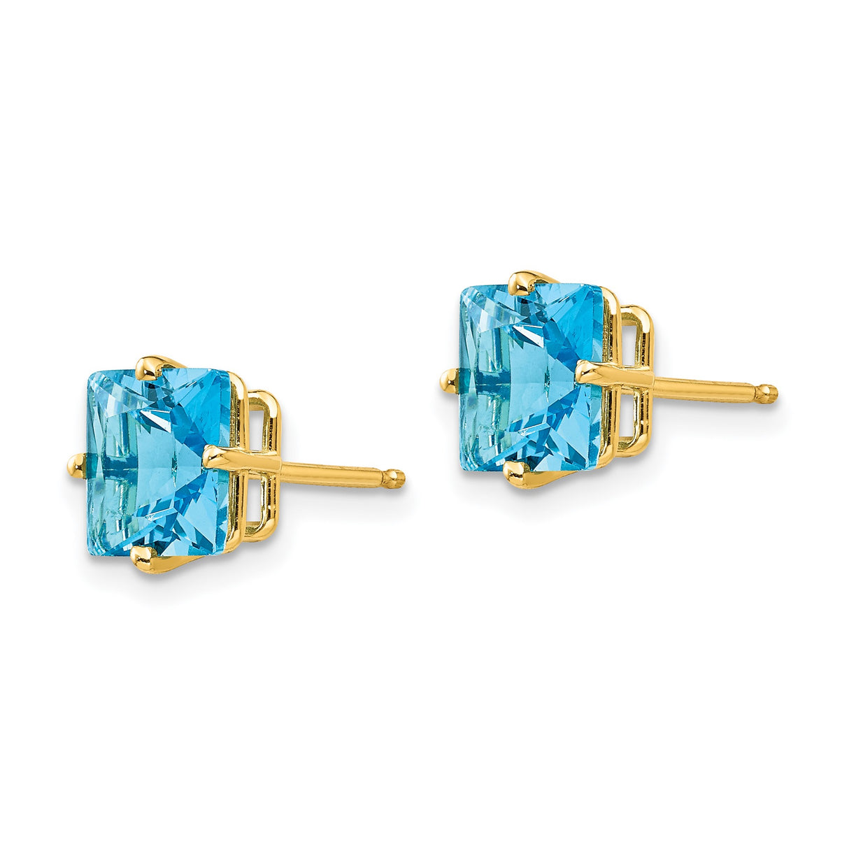 14k Yellow Gold Stud Earrings with Princess Cut Swiss Blue Topaz, Square Gemstone Studs