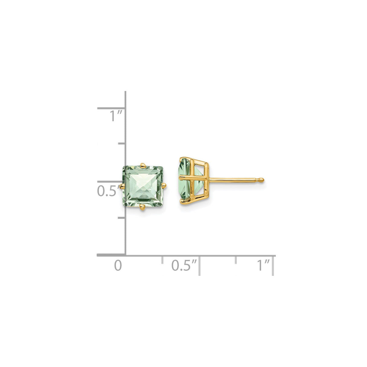 14k Yellow Gold Stud Earrings with Green Amethyst, Square Cut, Minimalist Style