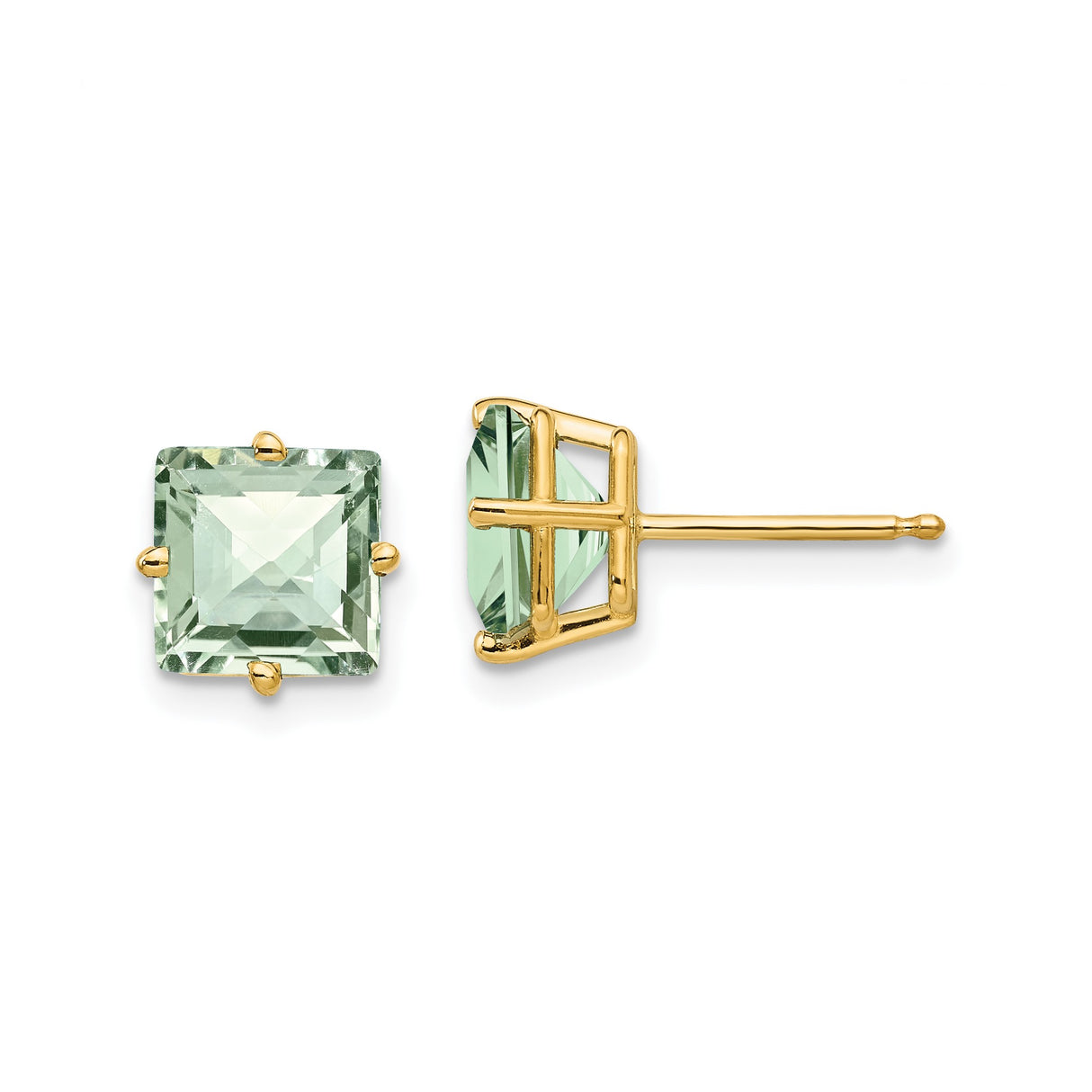14k Yellow Gold Stud Earrings with Green Amethyst, Square Cut, Minimalist Style