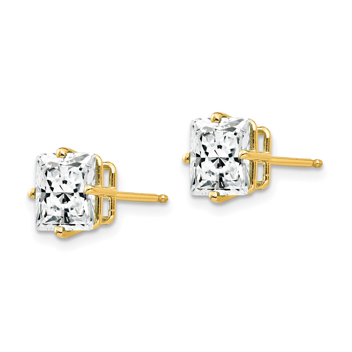 14k Yellow Gold Stud Earrings, Princess Cut Cubic Zirconia, Four Prong Setting, Classic Design