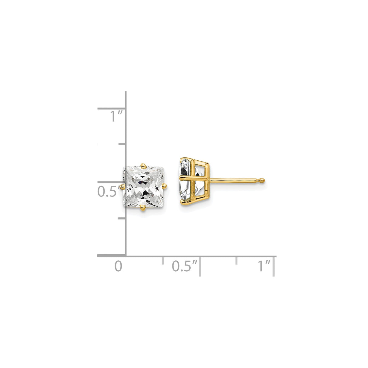 14k Yellow Gold Stud Earrings, Princess Cut Cubic Zirconia, Four Prong Setting, Classic Design