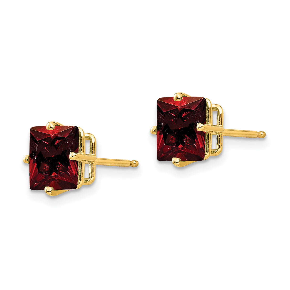 14k Yellow Gold Stud Earrings with Square Cut Garnet, Classic Four Prong Setting