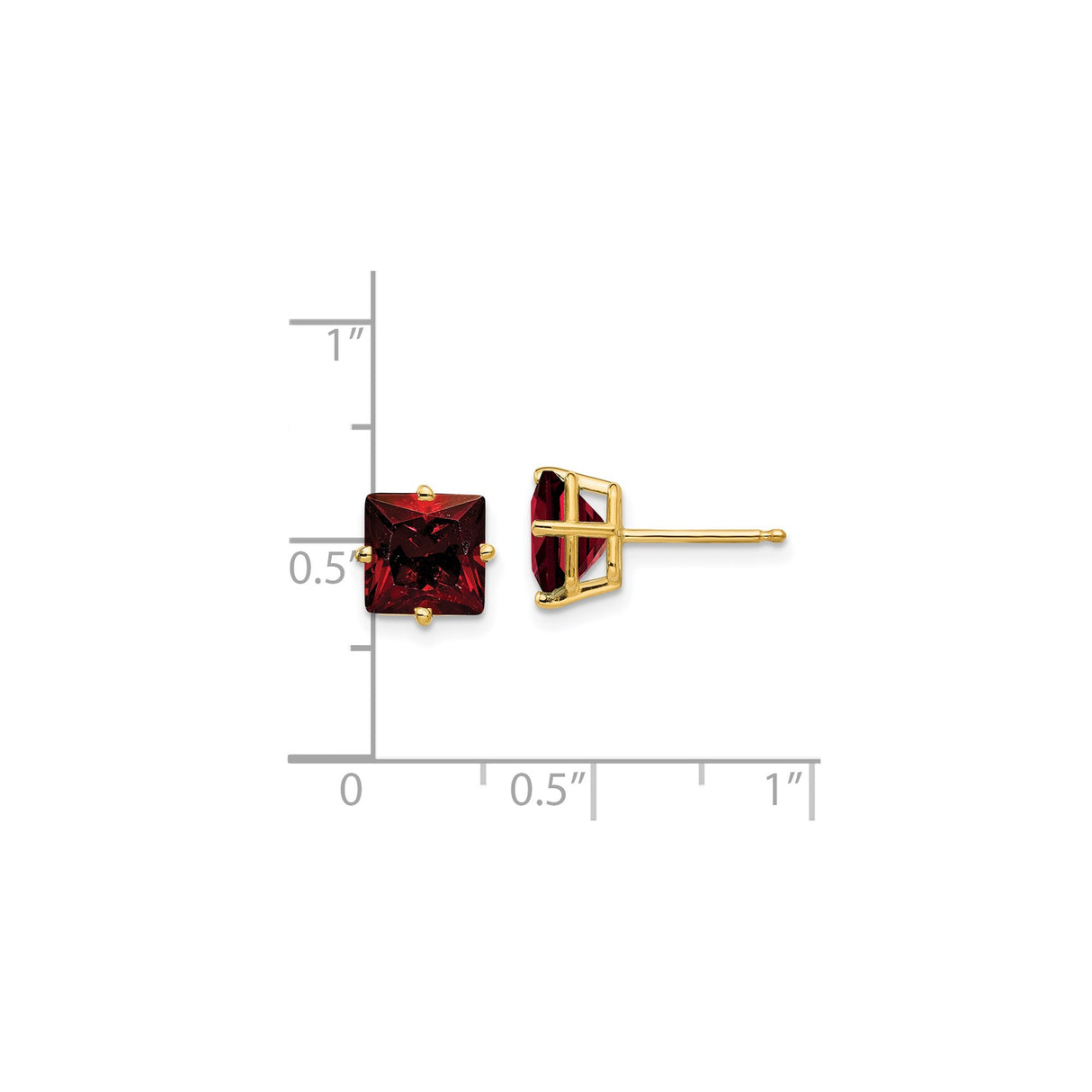 14k Yellow Gold Stud Earrings with Square Cut Garnet, Classic Four Prong Setting