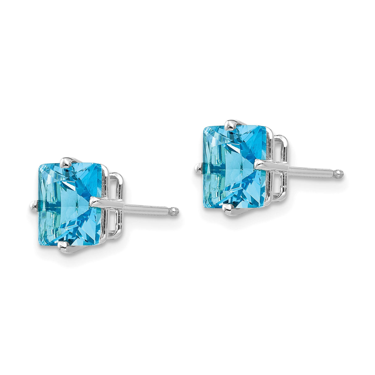 14k White Gold Stud Earrings with Square Cut Swiss Blue Topaz, Princess Cut Minimalist Design