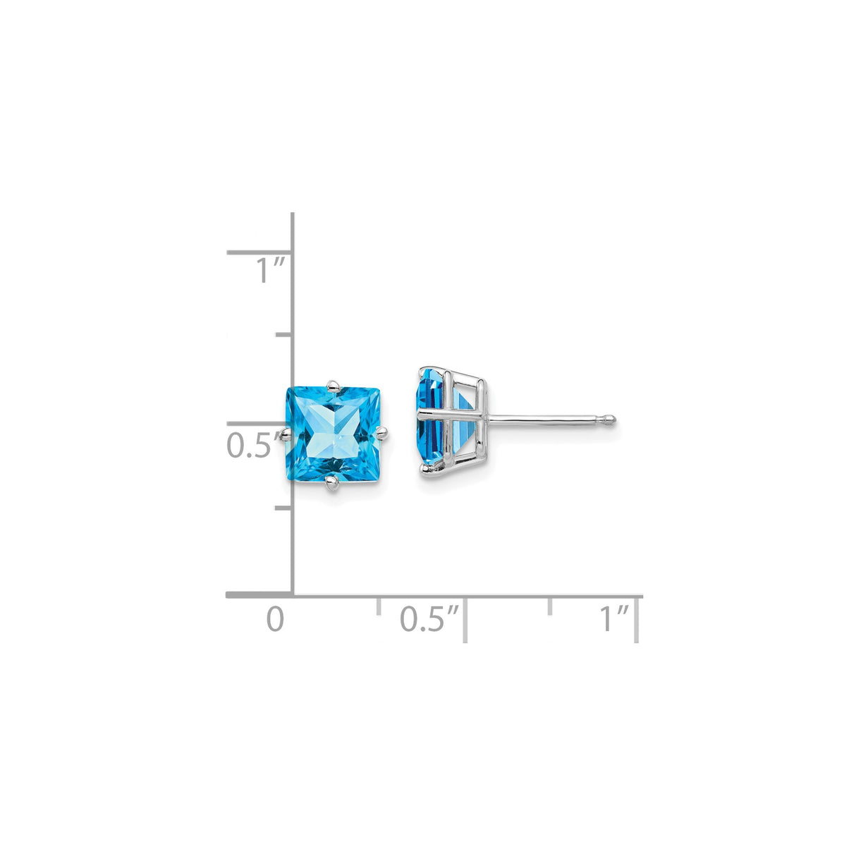 14k White Gold Stud Earrings with Square Cut Swiss Blue Topaz, Princess Cut Minimalist Design