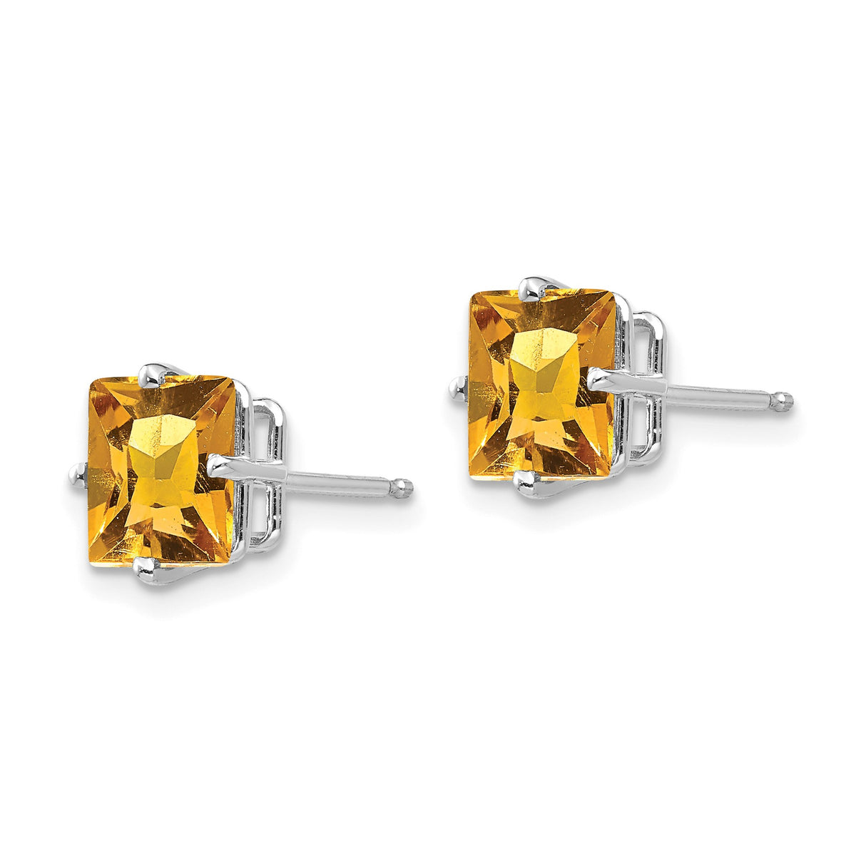 14k White Gold Stud Earrings with Princess Cut Citrine, Square Four-Prong Setting