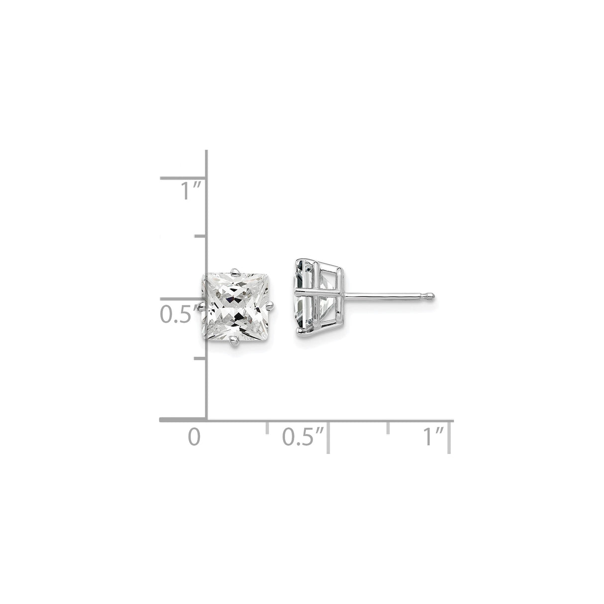 14k White Gold Stud Earrings with Princess Cut Cubic Zirconia, Classic Square Design