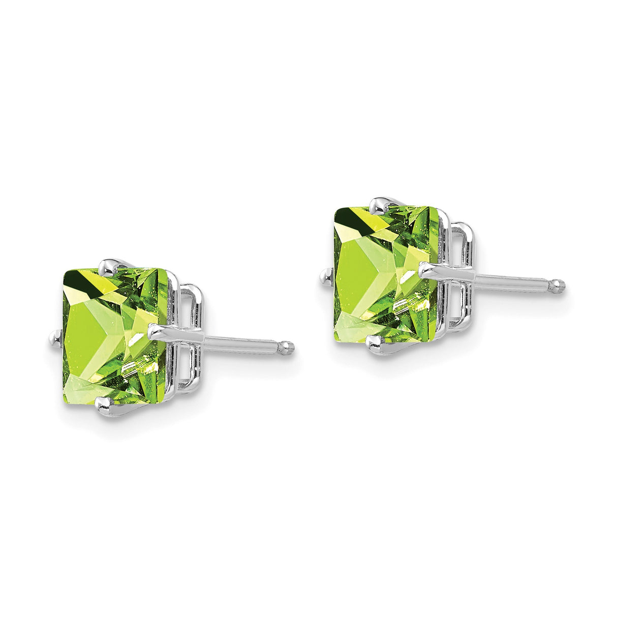 14k White Gold Stud Earrings with Square Cut Peridot, Minimalist August Birthstone Jewelry