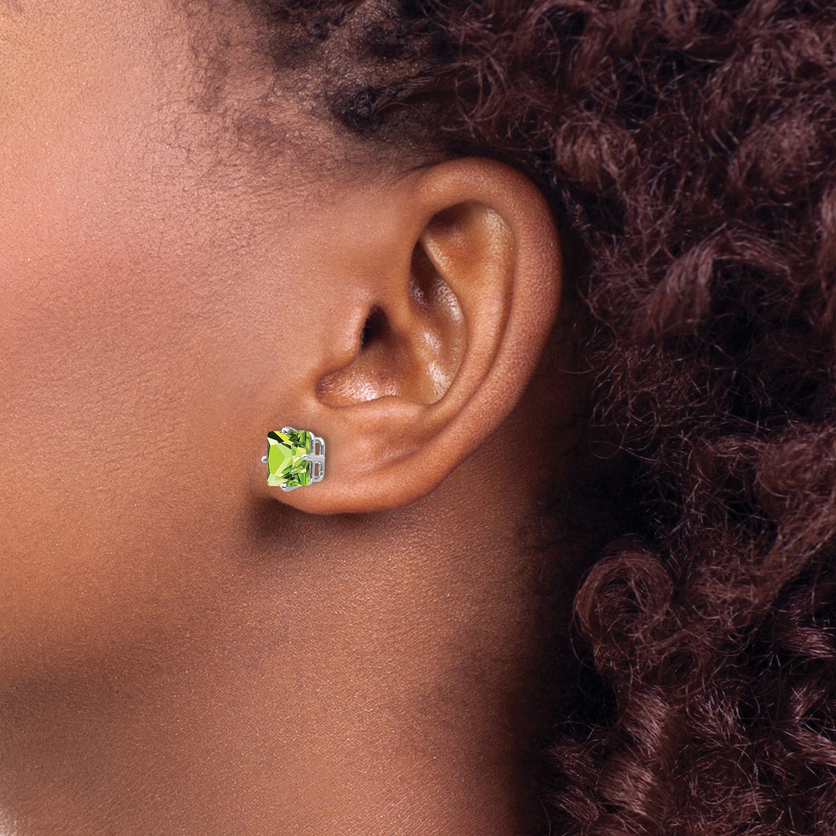 14k White Gold Stud Earrings with Square Cut Peridot, Minimalist August Birthstone Jewelry
