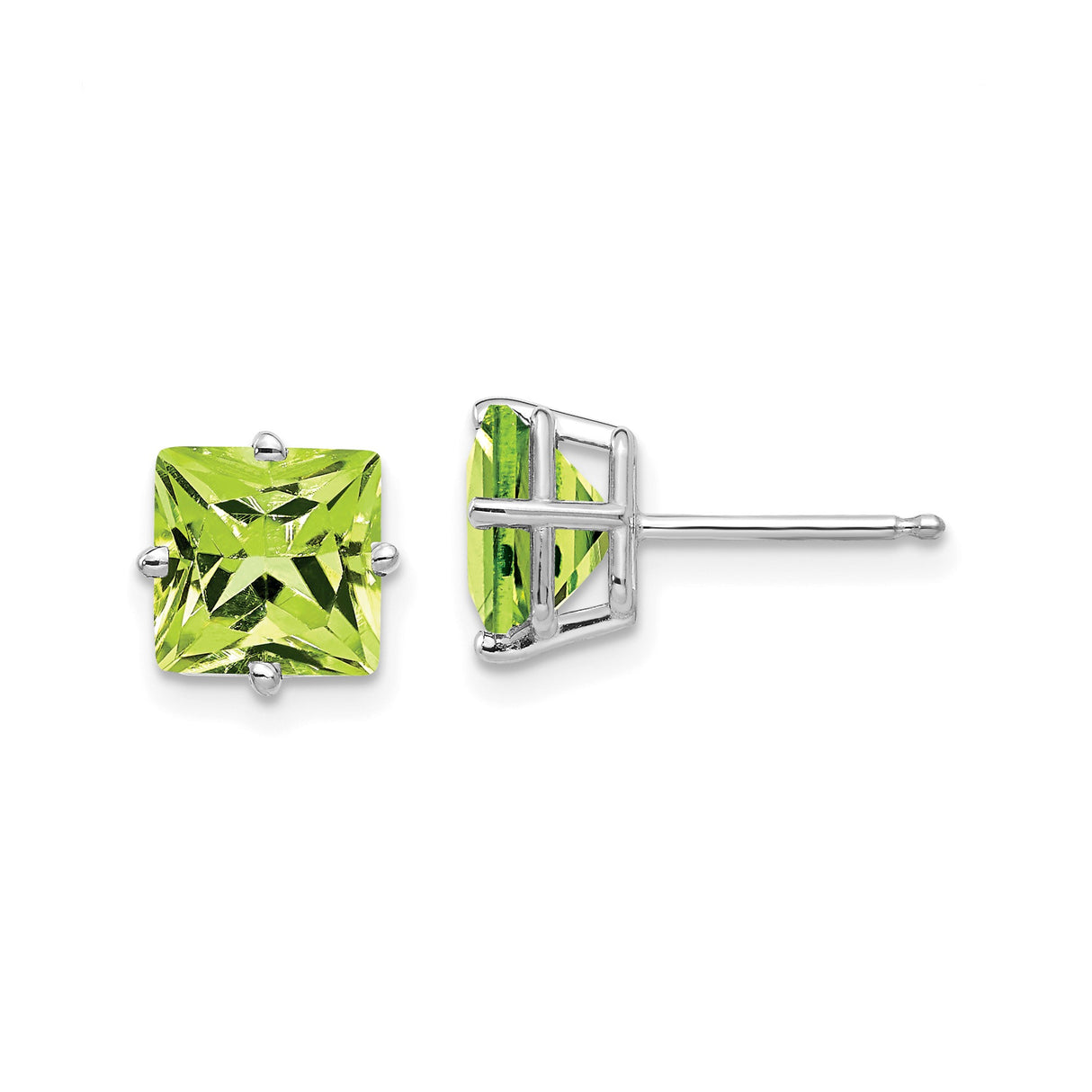14k White Gold Stud Earrings with Square Cut Peridot, Minimalist August Birthstone Jewelry