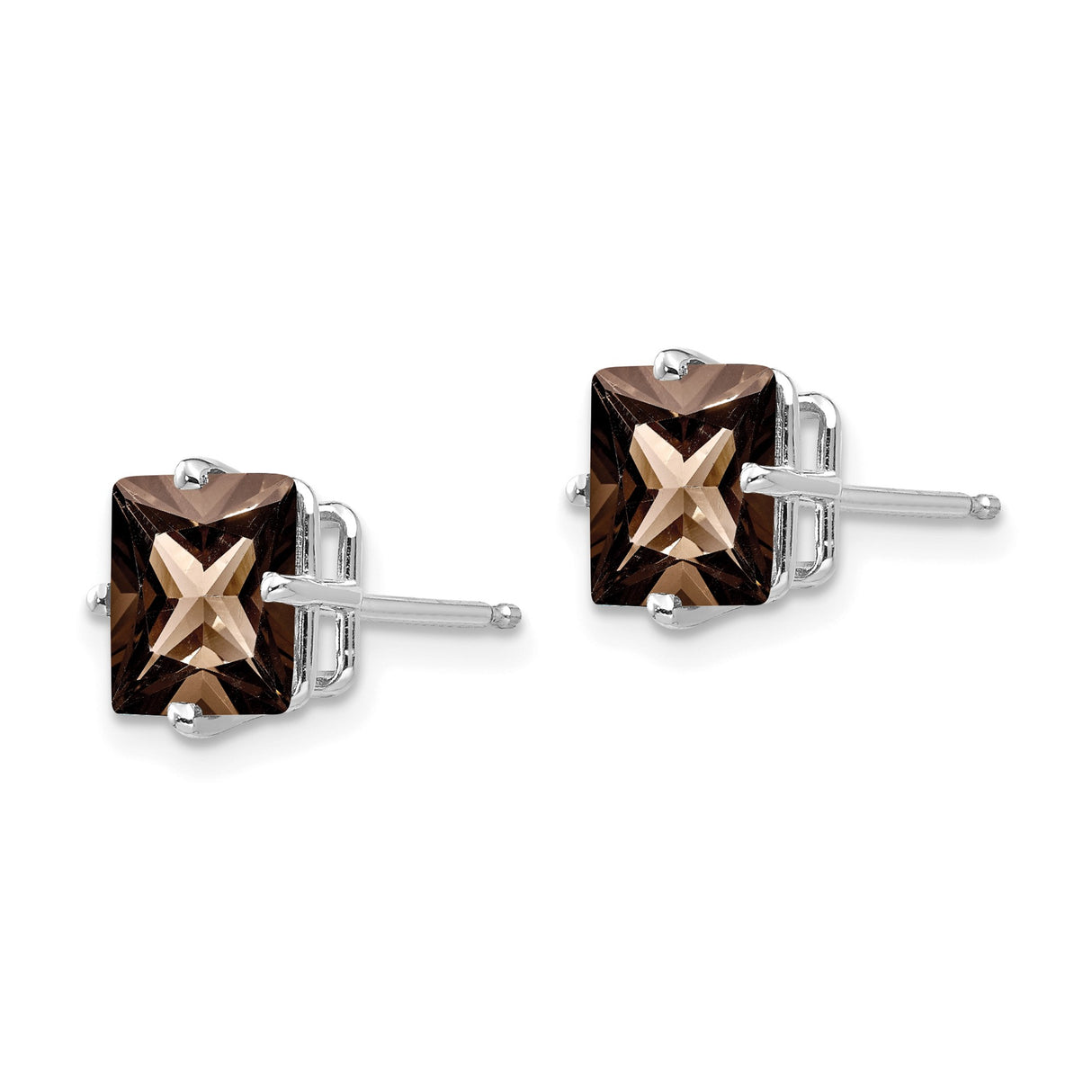 14k White Gold Stud Earrings with Smoky Quartz, Square Four Prong Setting, Minimalist Design
