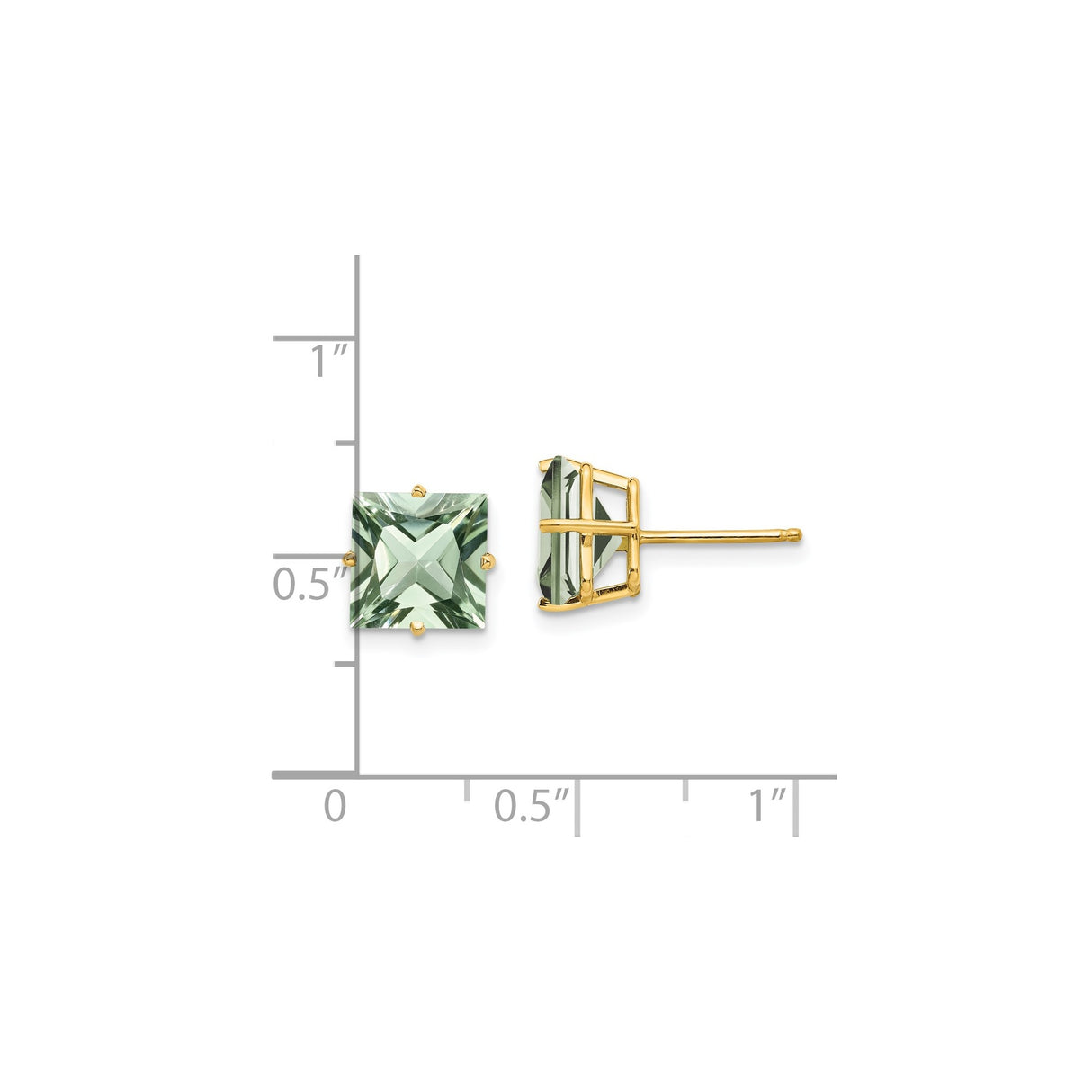 14k Yellow Gold Stud Earrings with Square Cut Green Quartz, Minimalist Classic Design for Women