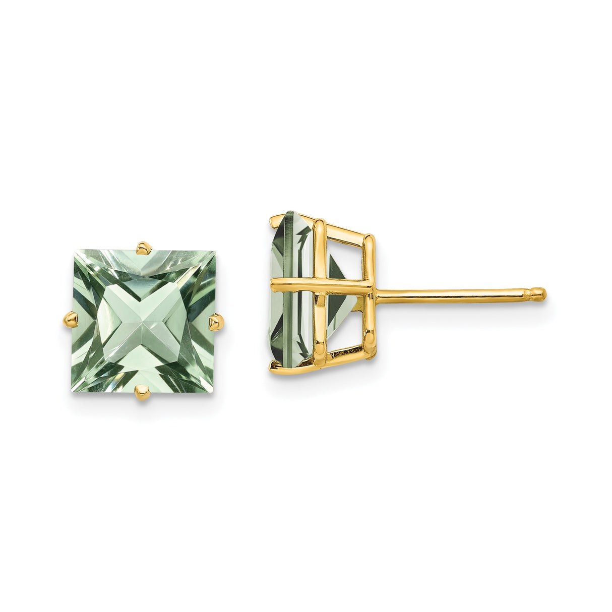 14k Yellow Gold Stud Earrings with Square Cut Green Quartz, Minimalist Classic Design for Women