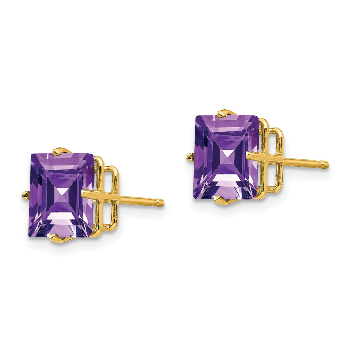 14k Yellow Gold Stud Earrings with Princess Cut Amethyst, Classic Lightweight Design