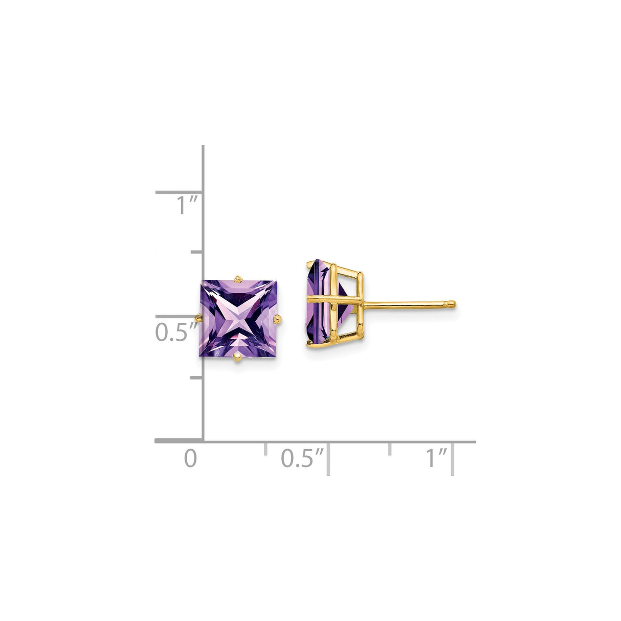 14k Yellow Gold Stud Earrings with Princess Cut Amethyst, Classic Lightweight Design