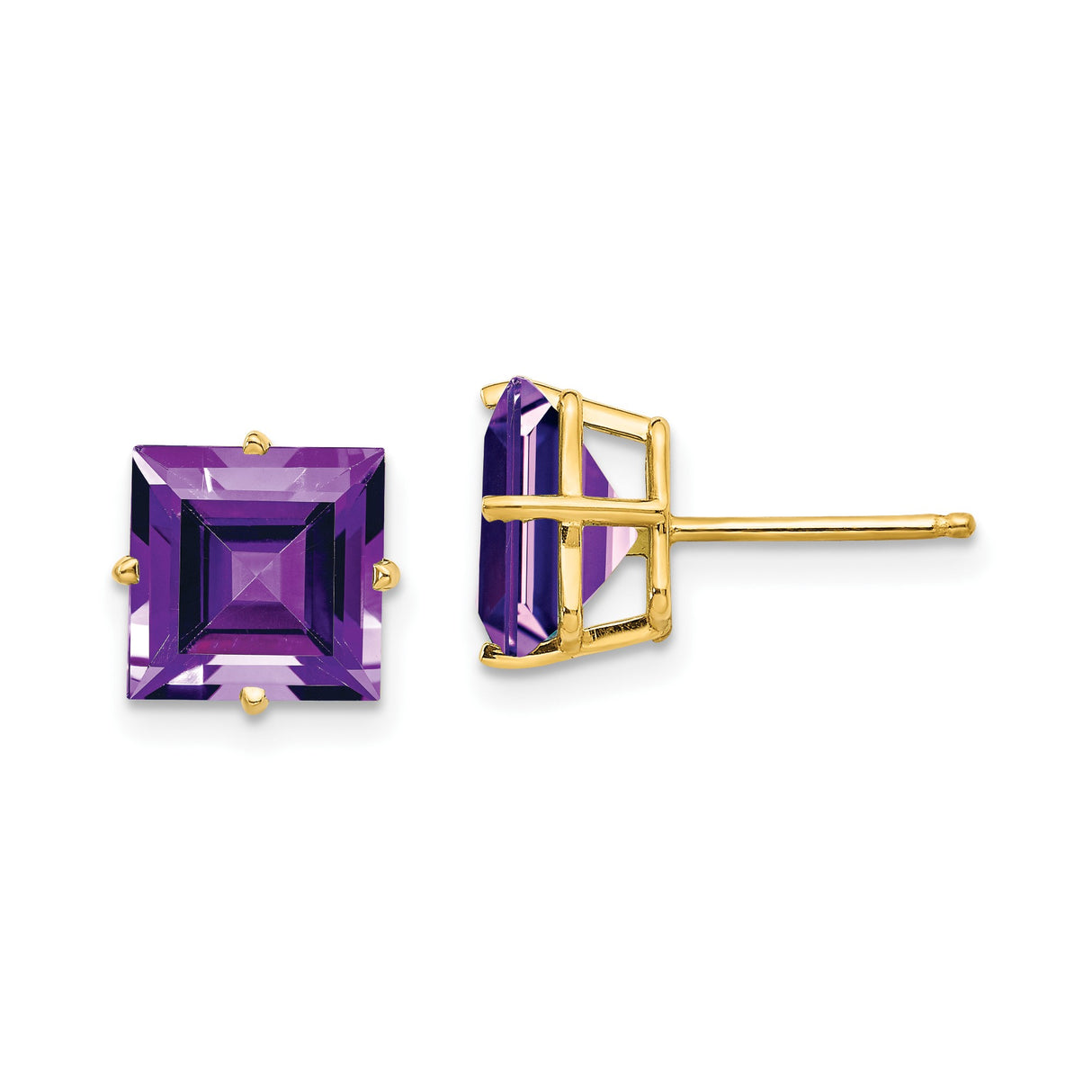14k Yellow Gold Stud Earrings with Princess Cut Amethyst, Classic Lightweight Design