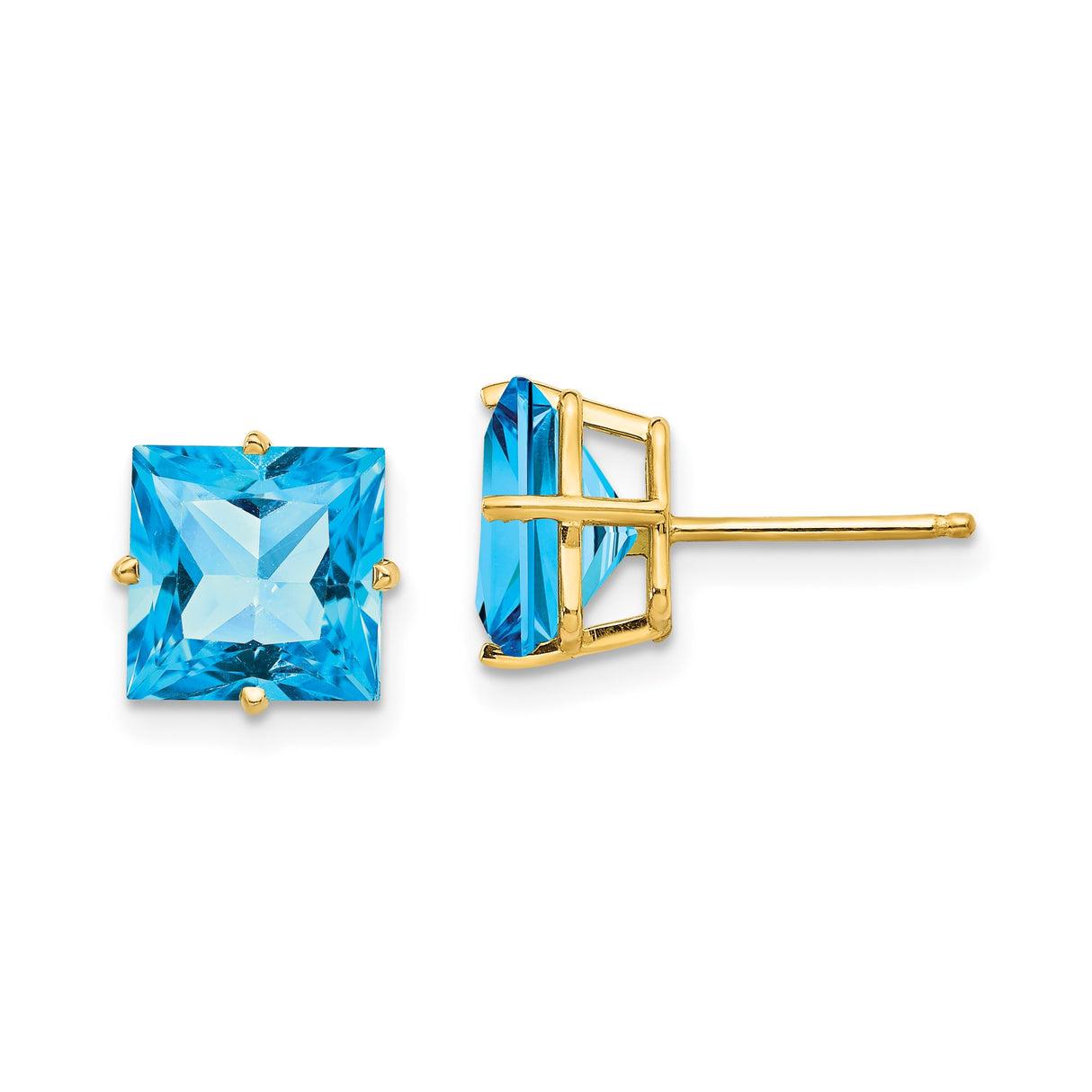 14k Yellow Gold Blue Topaz Stud Earrings, Square Cut Gemstones, Modern Minimalist Style for Women