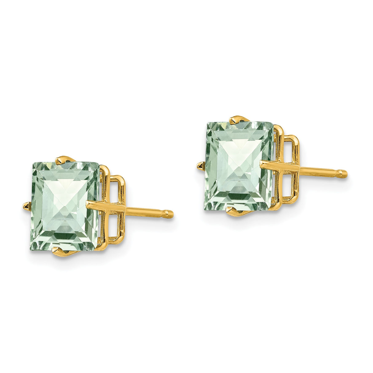 14k Yellow Gold Stud Earrings with Square Cut Green Quartz, Polished Finish, Minimalist Style