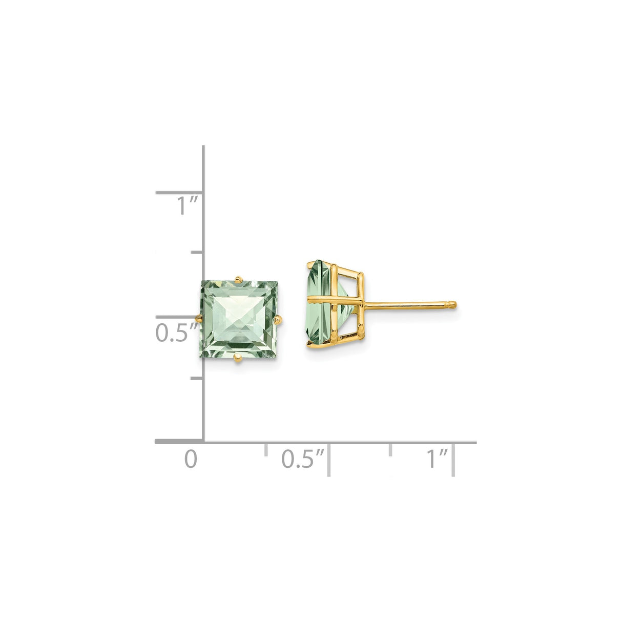 14k Yellow Gold Stud Earrings with Square Cut Green Quartz, Polished Finish, Minimalist Style