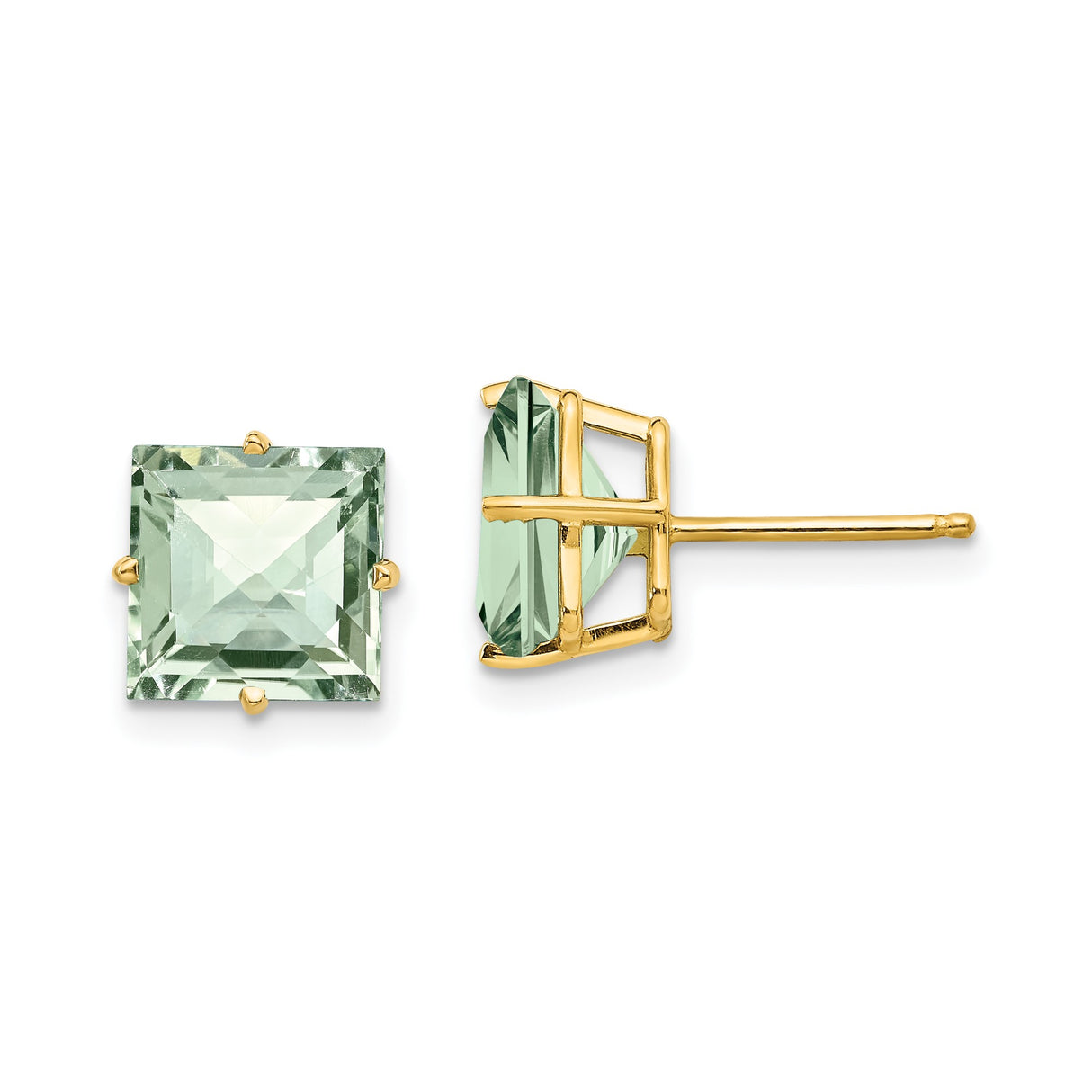 14k Yellow Gold Stud Earrings with Square Cut Green Quartz, Polished Finish, Minimalist Style