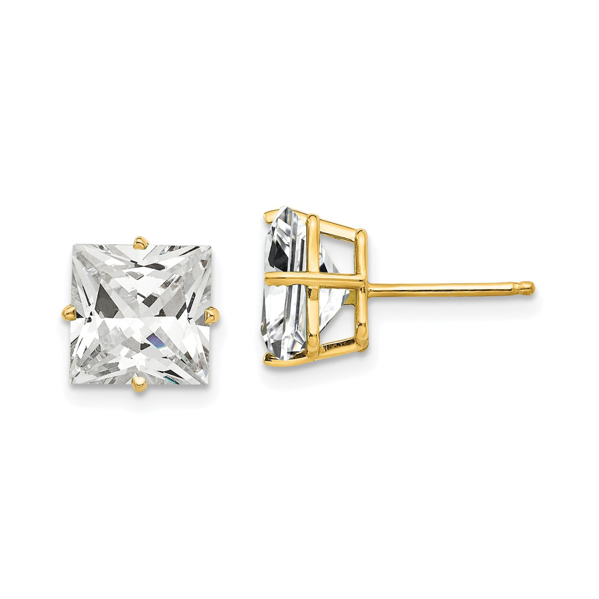 14k Yellow Gold Stud Earrings with Princess Cut Cubic Zirconia, Minimalist Square Design