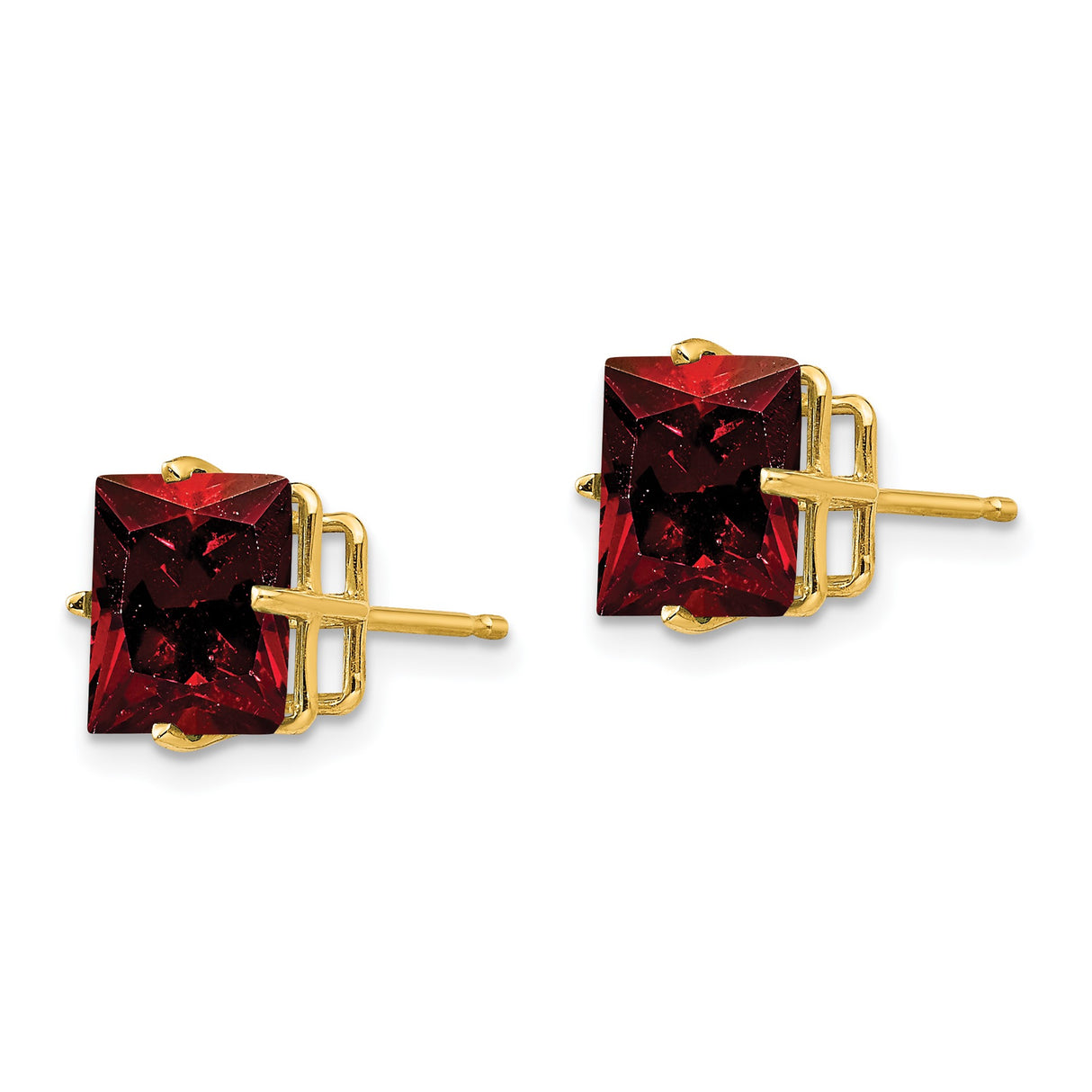 14k Yellow Gold Stud Earrings with Princess Cut Garnet in Four Prong Setting
