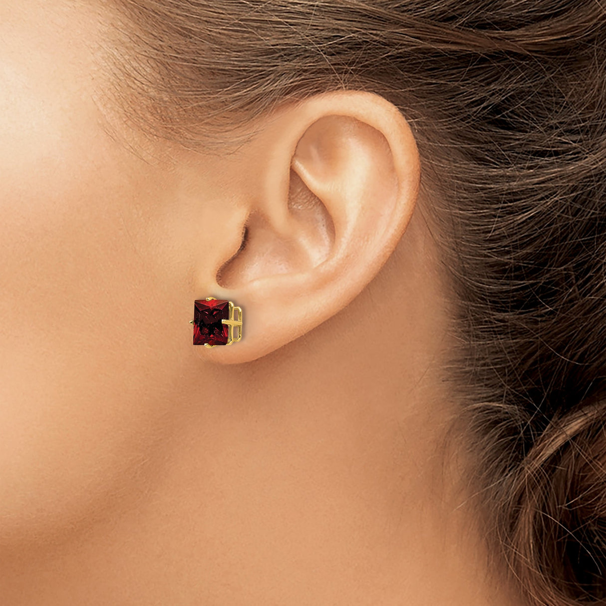 14k Yellow Gold Stud Earrings with Princess Cut Garnet in Four Prong Setting