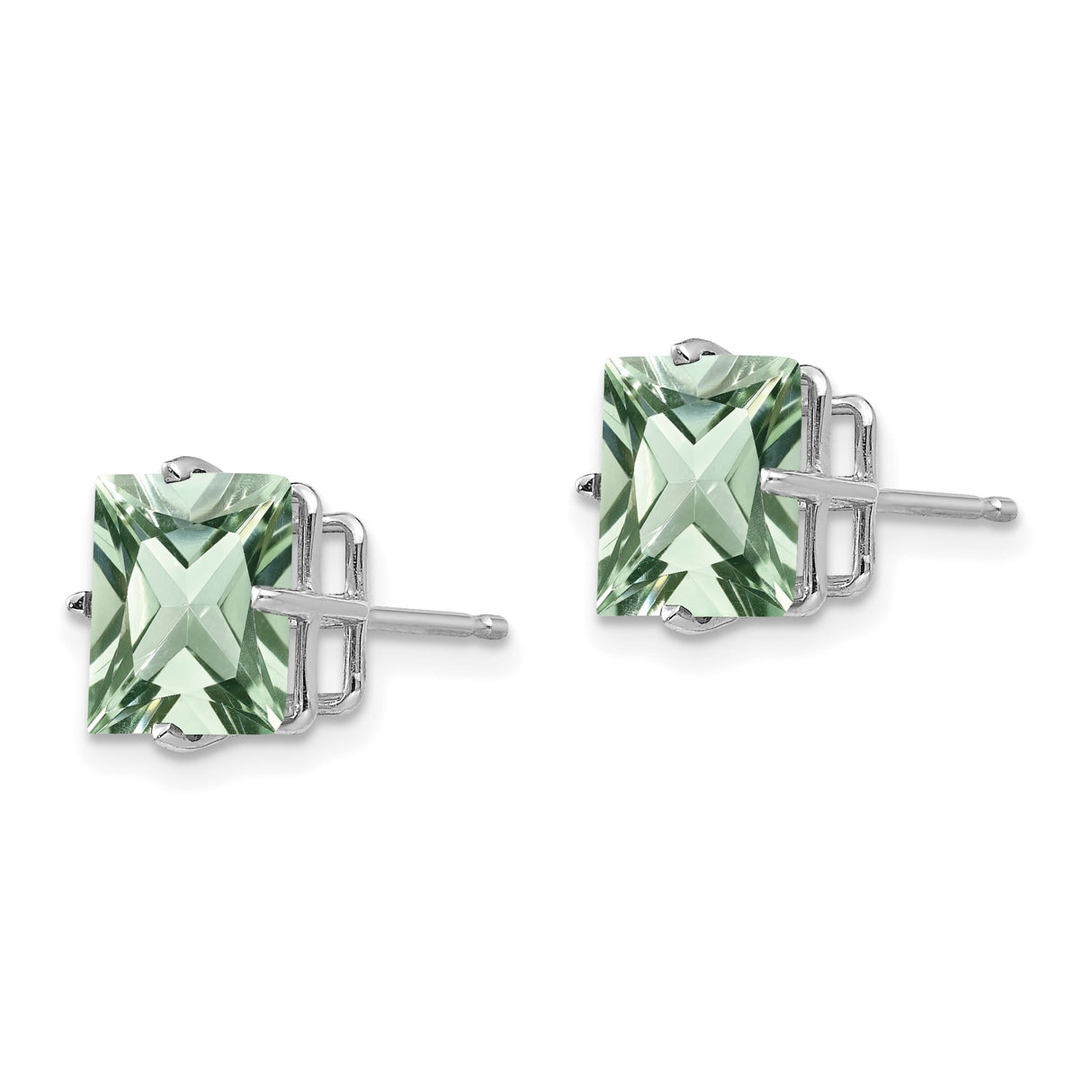 14k White Gold Stud Earrings with Square Cut Green Quartz, Classic Modern Style