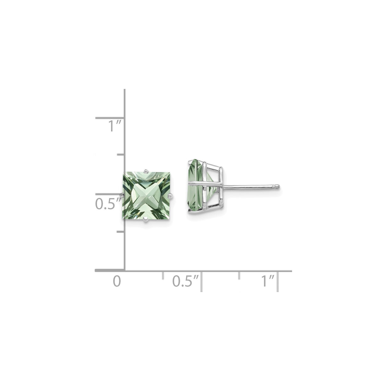 14k White Gold Stud Earrings with Square Cut Green Quartz, Classic Modern Style