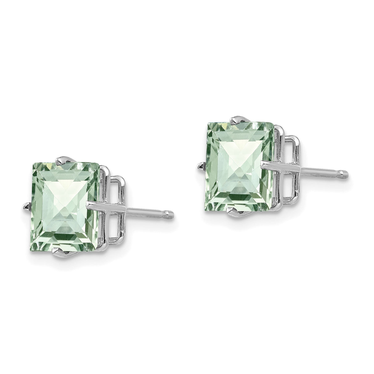 14k White Gold Stud Earrings with Square Cut Green Quartz, Minimalist Checker Cut Design