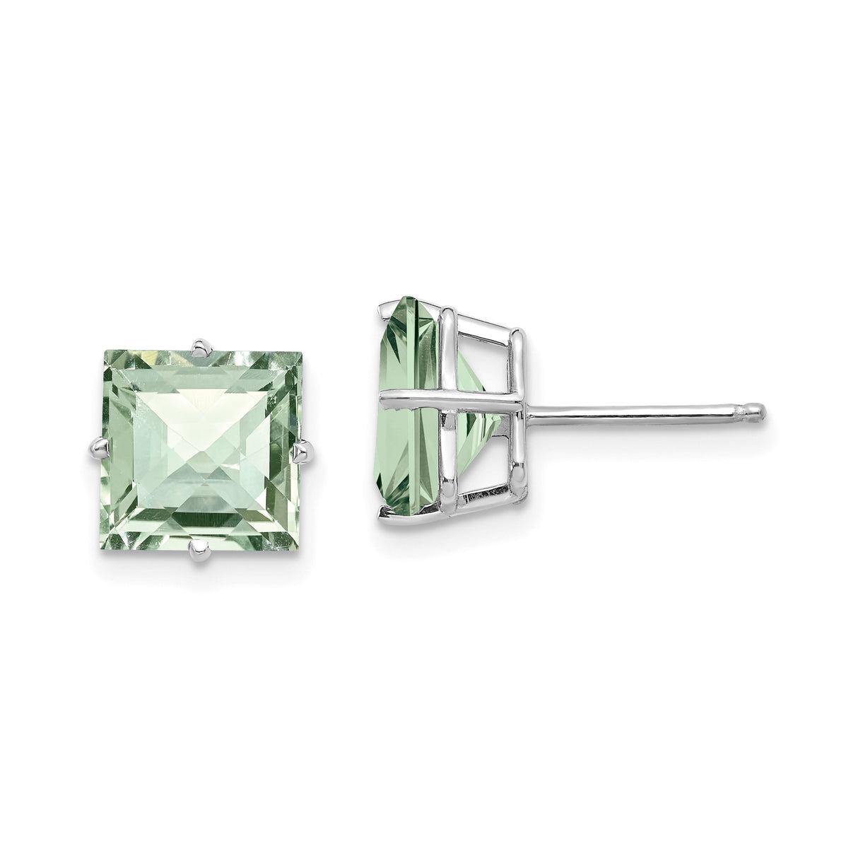 14k White Gold Stud Earrings with Square Cut Green Quartz, Minimalist Checker Cut Design