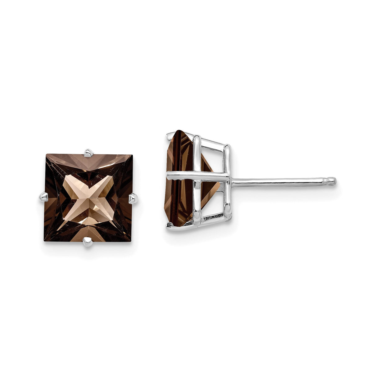 14k White Gold Stud Earrings with Square Smoky Quartz, Minimalist Style