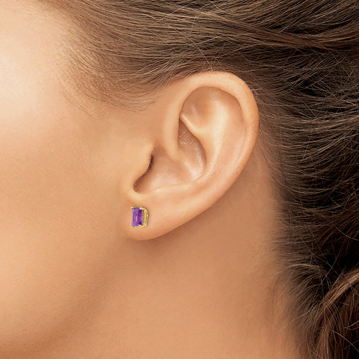 14k Yellow Gold Stud Earrings with Emerald Cut Amethyst, Minimalist February Birthstone Jewelry