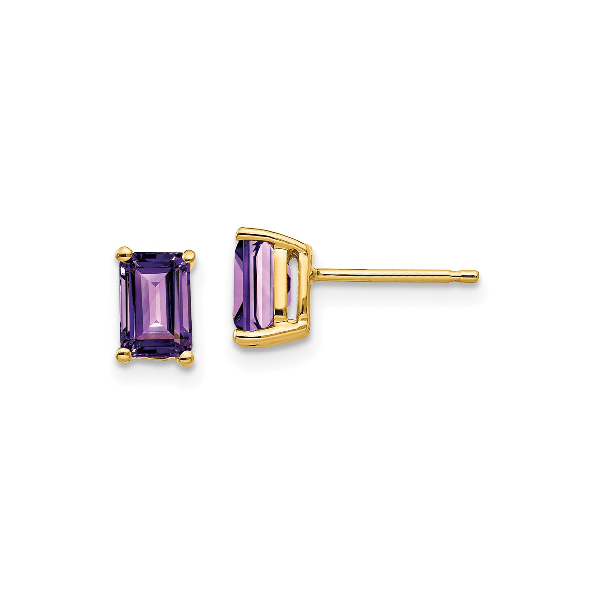 14k Yellow Gold Stud Earrings with Emerald Cut Amethyst, Minimalist February Birthstone Jewelry