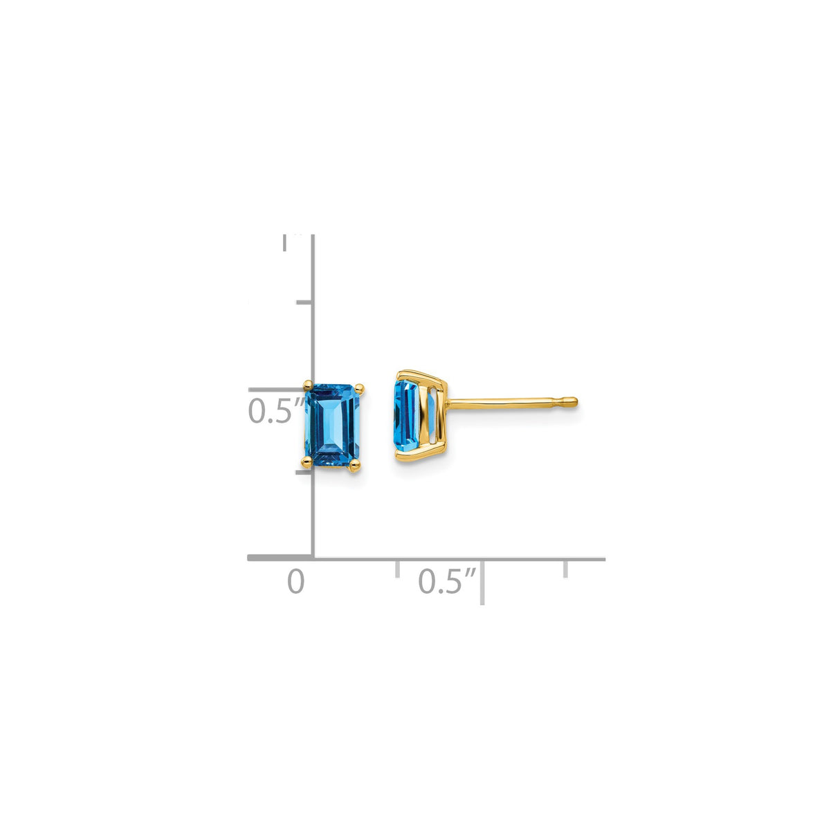 14k Yellow Gold Stud Earrings with Emerald Cut Swiss Blue Topaz, Classic Four Prong Setting