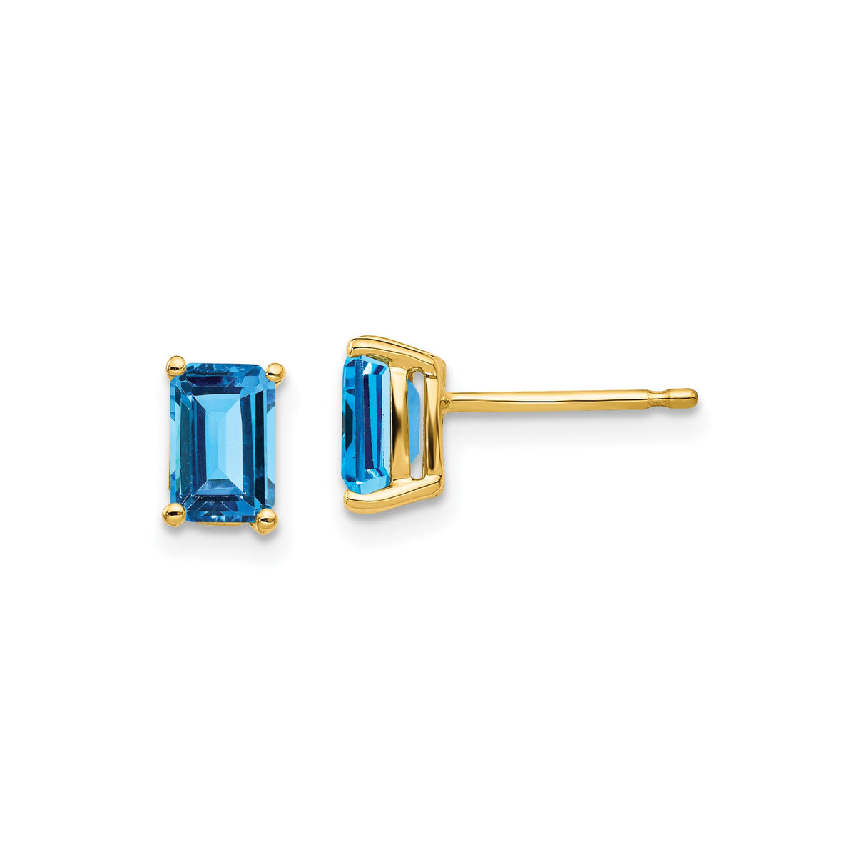 14k Yellow Gold Stud Earrings with Emerald Cut Swiss Blue Topaz, Classic Four Prong Setting