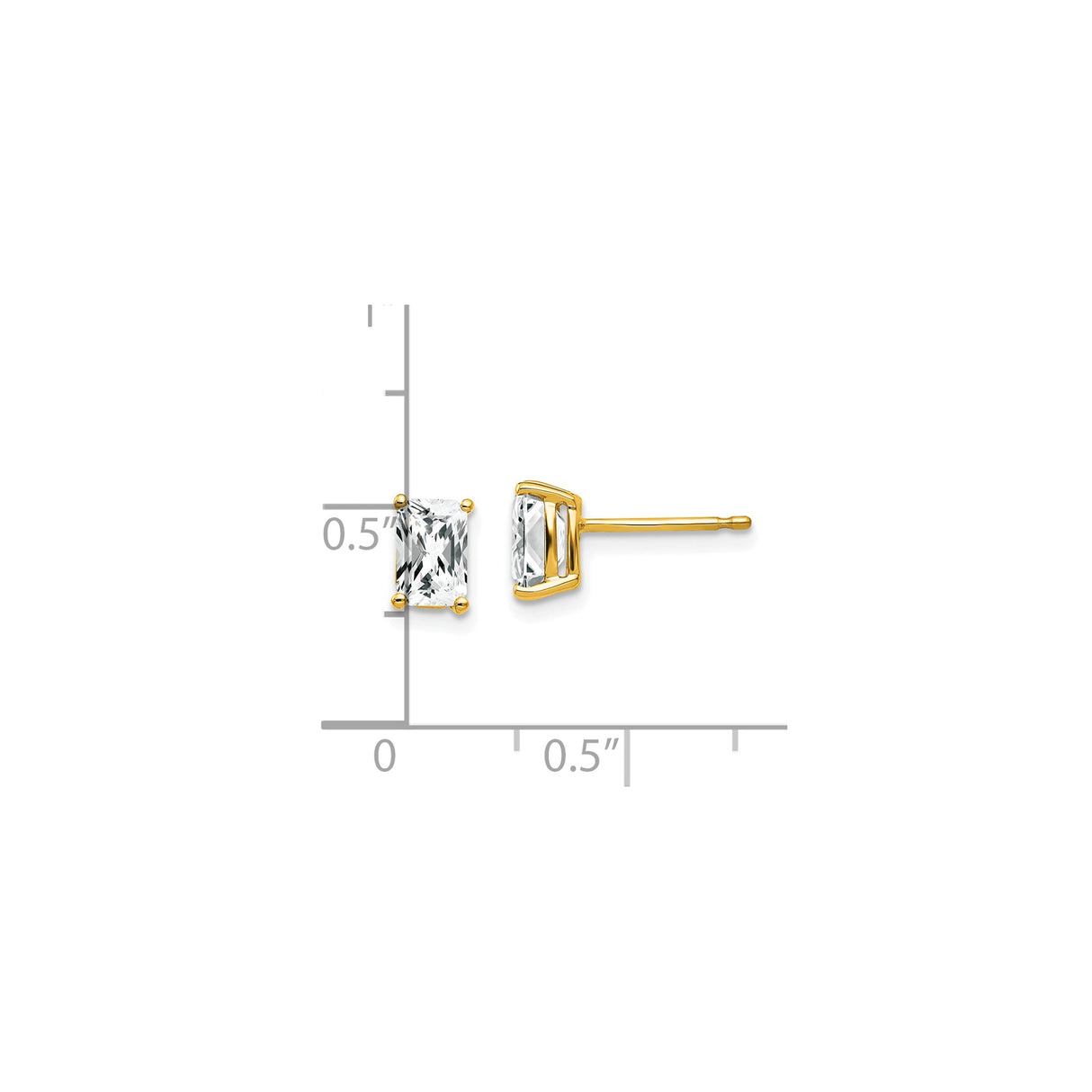 14k Yellow Gold Rectangular Stud Earrings with Cubic Zirconia, Radiant Cut Solitaire Style