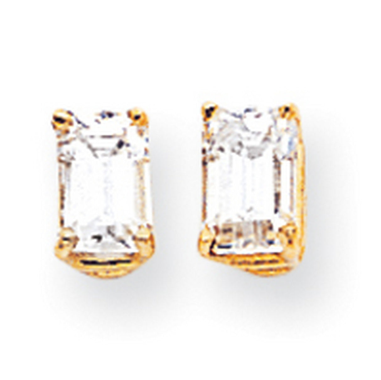 14k Yellow Gold Rectangular Stud Earrings with Cubic Zirconia, Radiant Cut Solitaire Style