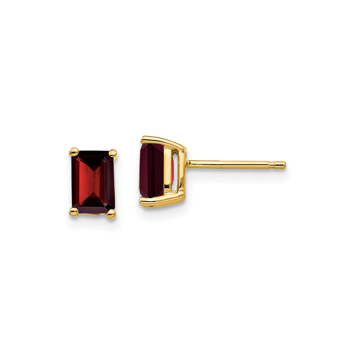 14k Yellow Gold Garnet Stud Earrings, Rectangular Four-Prong Setting, Classic Design for Women