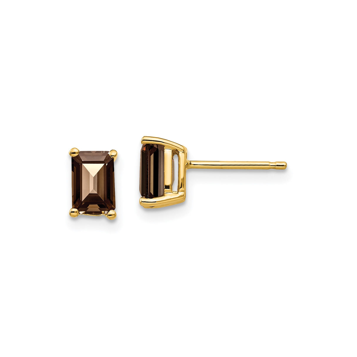 14k Yellow Gold Stud Earrings with Emerald Cut Smoky Quartz, Classic Fine Jewelry for Women