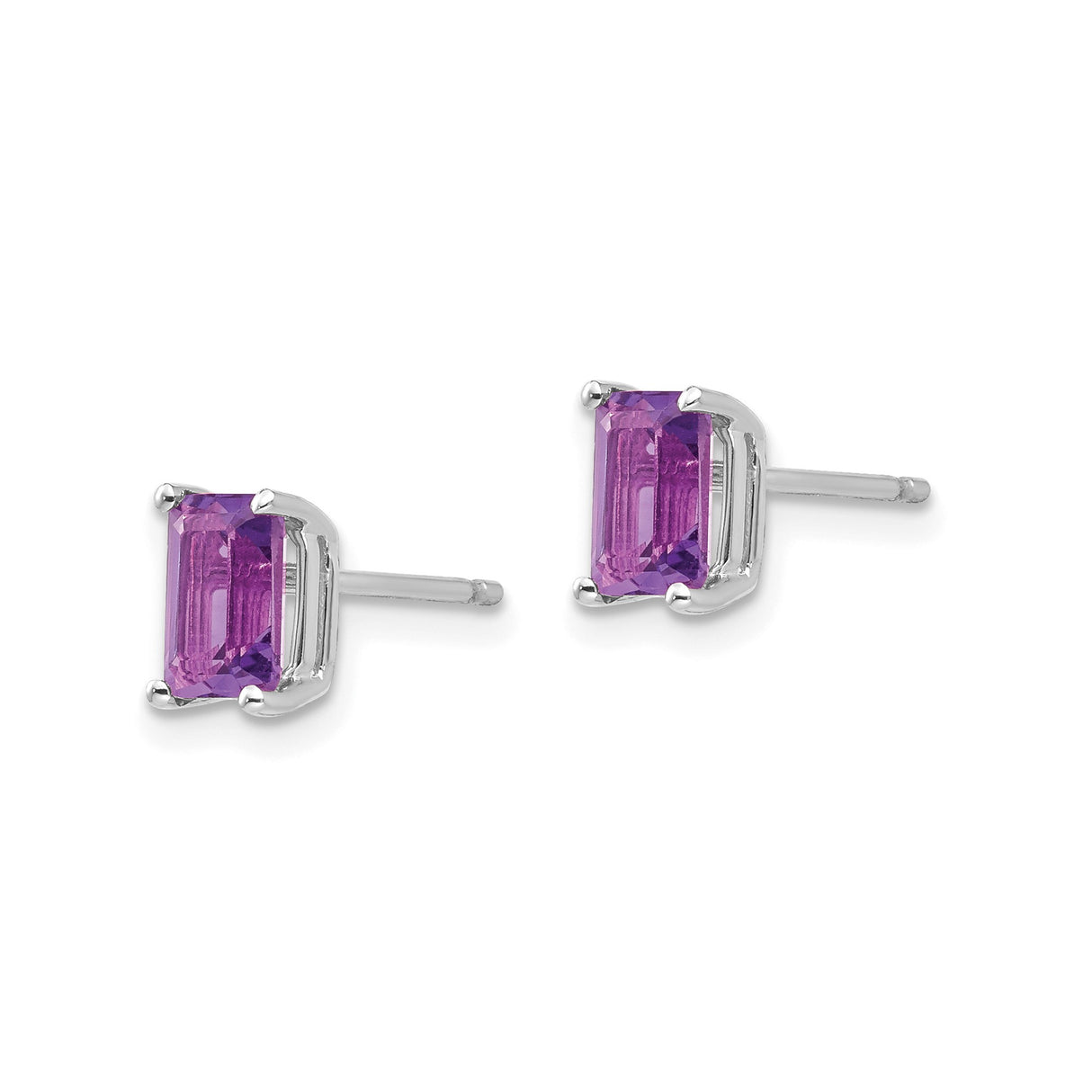 14k White Gold Amethyst Stud Earrings, Emerald Cut Purple Gemstone, Minimalist Design